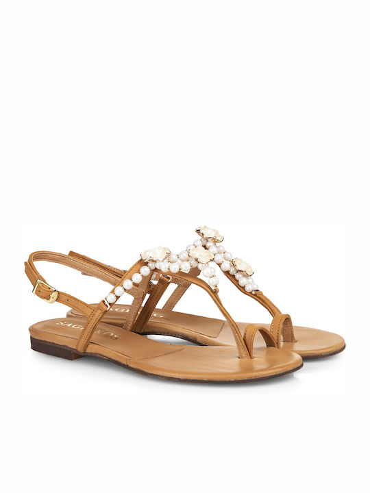 Sagiakos Leder Damen Flache Sandalen in Tabac Braun Farbe