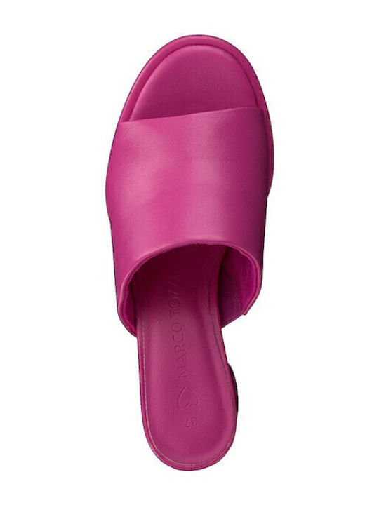 Leather Mules with Chunky High Heel in Fuchsia Color