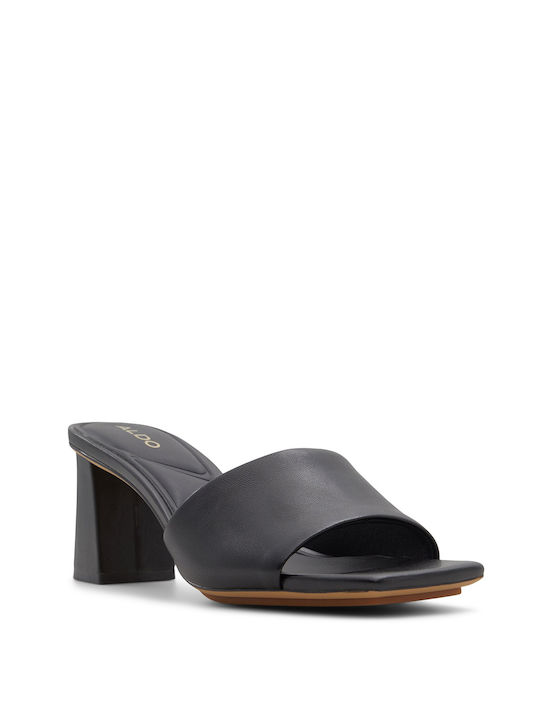 Aldo Chunky Heel Leather Mules Black