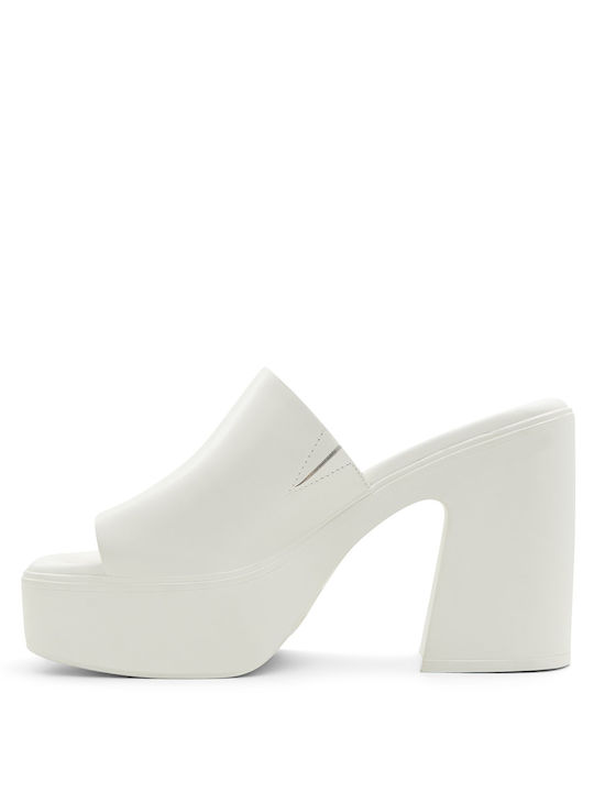 Leather Mules with Chunky High Heel in White Color 00068727
