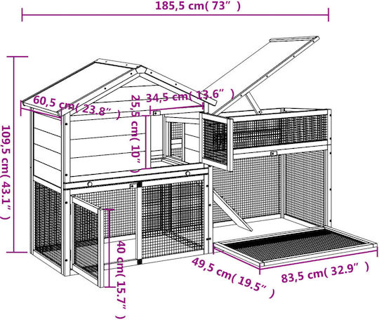 vidaXL 172278 Ξύλινο Κλουβί για Κουνέλια 185.5x60.5x109.5εκ.
