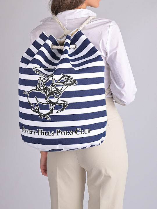 Beverly Hills Polo Club Fabric Beach Bag Backpack Blue with Stripes