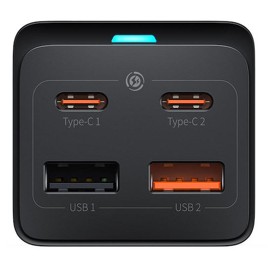 Baseus Βάση Φόρτισης GaN με 2 Θύρες USB-A και 2 Θύρες USB-C και Καλώδιο USB-C 65W Power Delivery / Quick Charge 4.0 / SuperCharge σε Μαύρο χρώμα (Gan3 Pro)