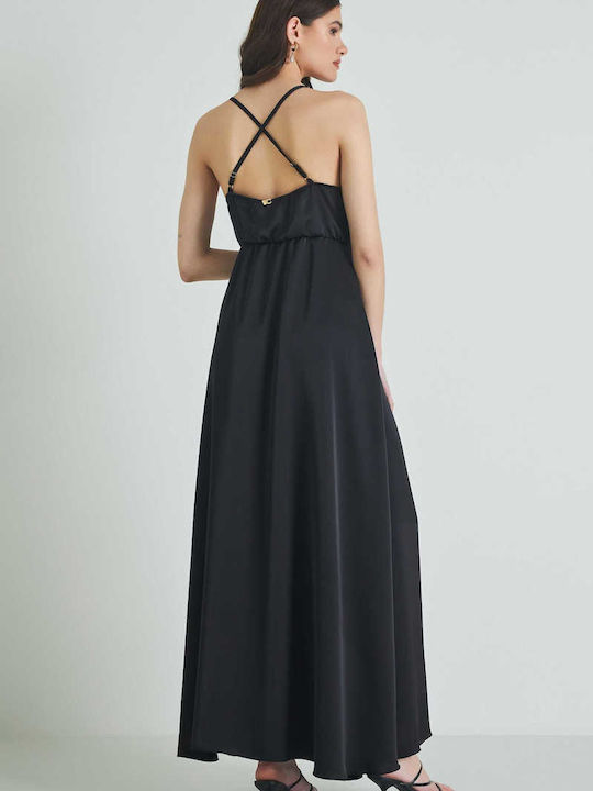 Cento Fashion Καλοκαιρινό Maxi Φόρεμα για Γάμο / Βάπτιση Σατέν Μαύρο