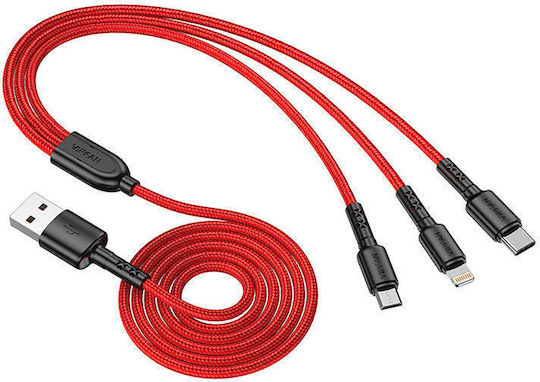 Vipfan X02 Braided USB to Lightning / Type-C / micro USB Cable 3.5A Κόκκινο 1.5m (X02LMT-red)