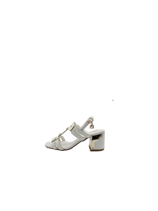 Laura Biagiotti Leather Women's Sandals White with Chunky Medium Heel