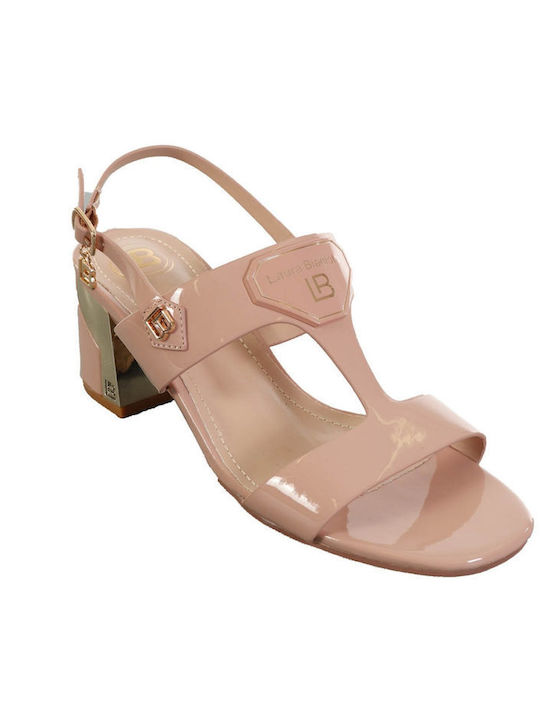 Laura Biagiotti Patent Leather Women's Sandals Nude with Chunky Medium Heel