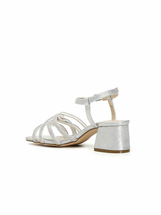 CafeNoir Anatomic Leather Women's Sandals with Ankle Strap Silver with Chunky Medium Heel