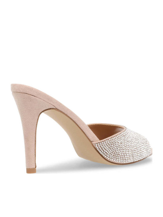 Suede Mules με Λεπτό Ψηλό Τακούνι σε Μπεζ Χρώμα