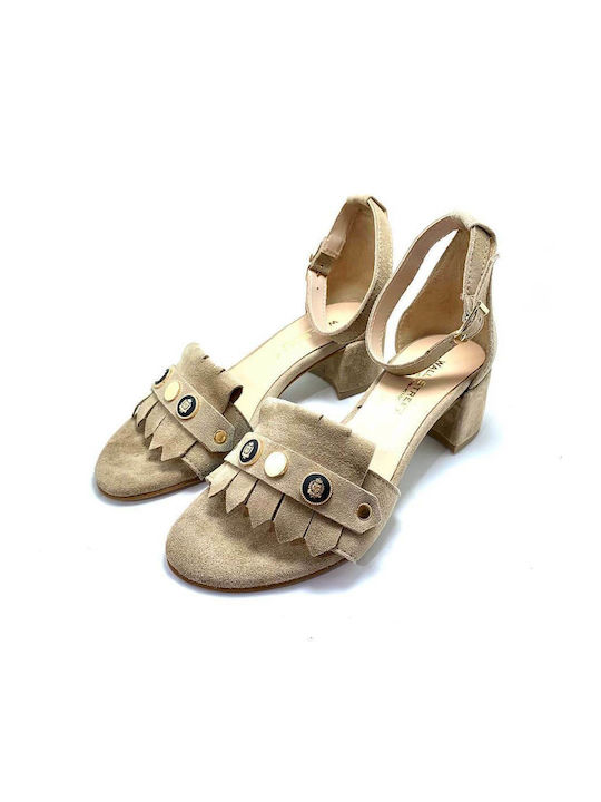 Wall Street Leather Women's Sandals with Ankle Strap Beige with Thin Medium Heel