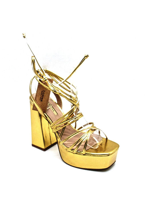 Corina Platform Women's Sandals with Laces Gold with Chunky High Heel