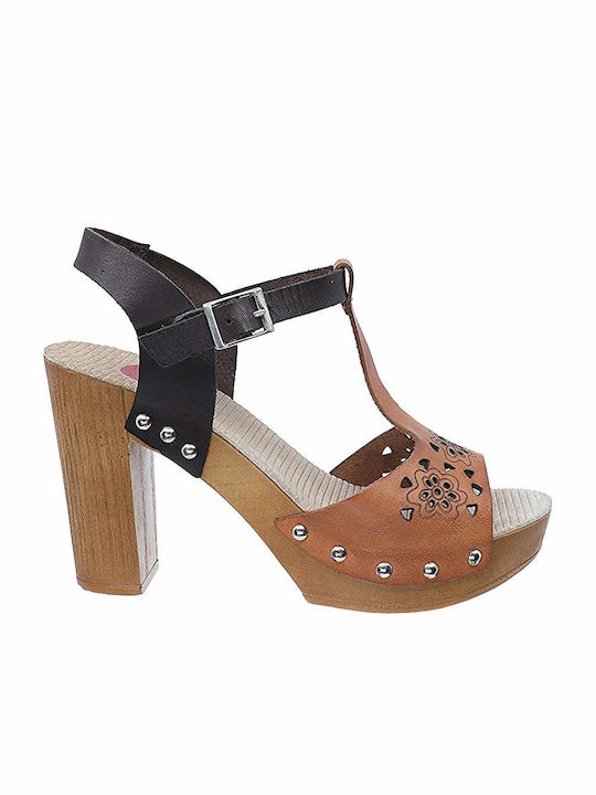 Liberitae Platform Leather Women's Sandals with Ankle Strap Tabac Brown