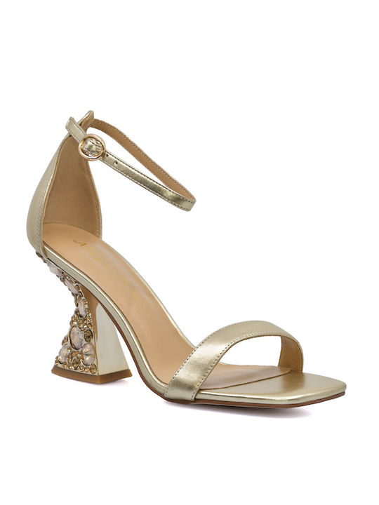 Alma en Pena Leather Women's Sandals with Ankle Strap Gold