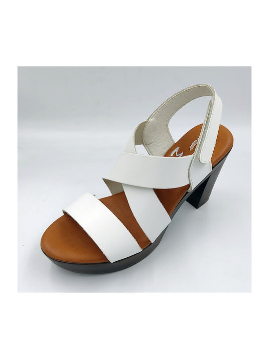 Marila Footwear Leather Women's Sandals White with Chunky High Heel