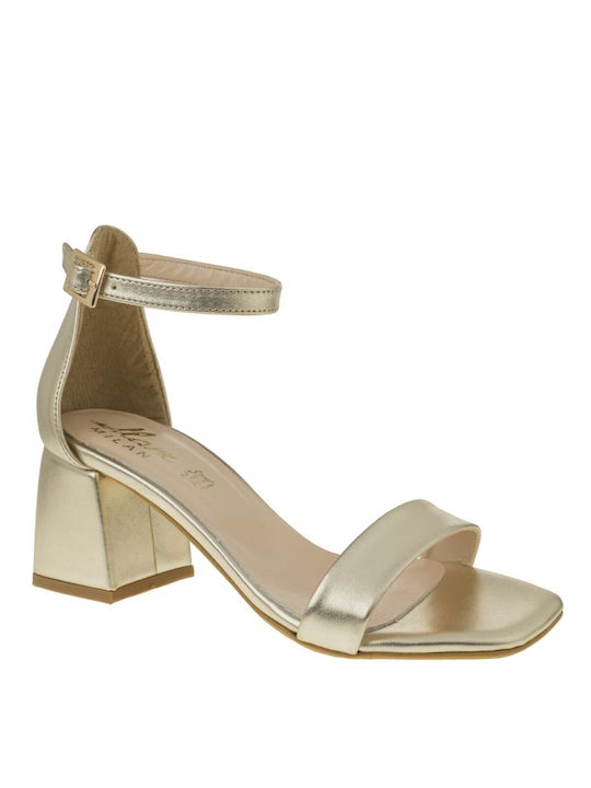 Mark Milan Women's Sandals with Ankle Strap Gold with Chunky Medium Heel