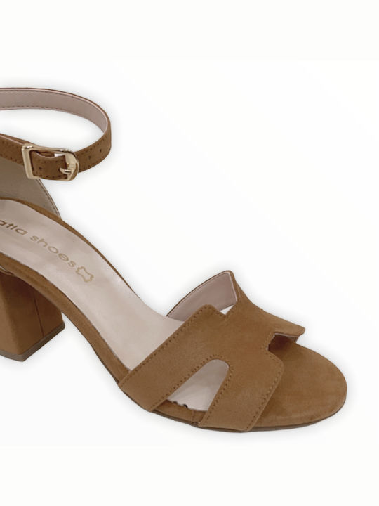 Katia Shoes Leather Women's Sandals with Ankle Strap Tabac Brown with Chunky Medium Heel