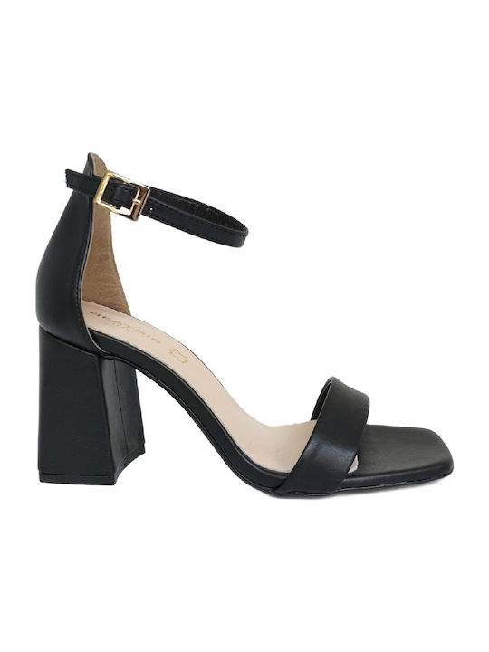 Beatris Leather Women's Sandals with Ankle Strap Black with Chunky Medium Heel