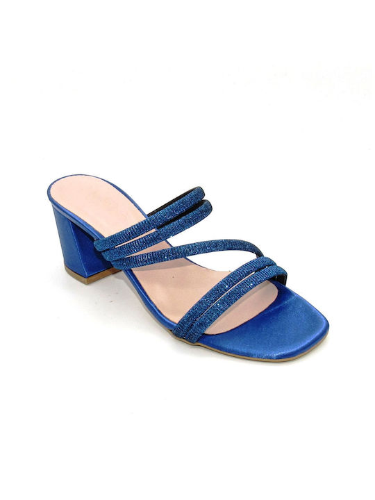 Beatris Fabric Women's Sandals with Strass Blue with Chunky Medium Heel