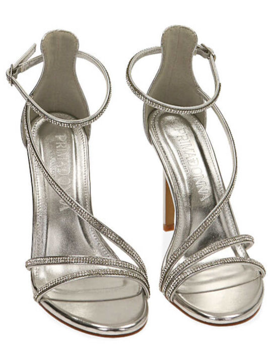 Primadonna Women's Sandals with Ankle Strap Silver with Chunky High Heel