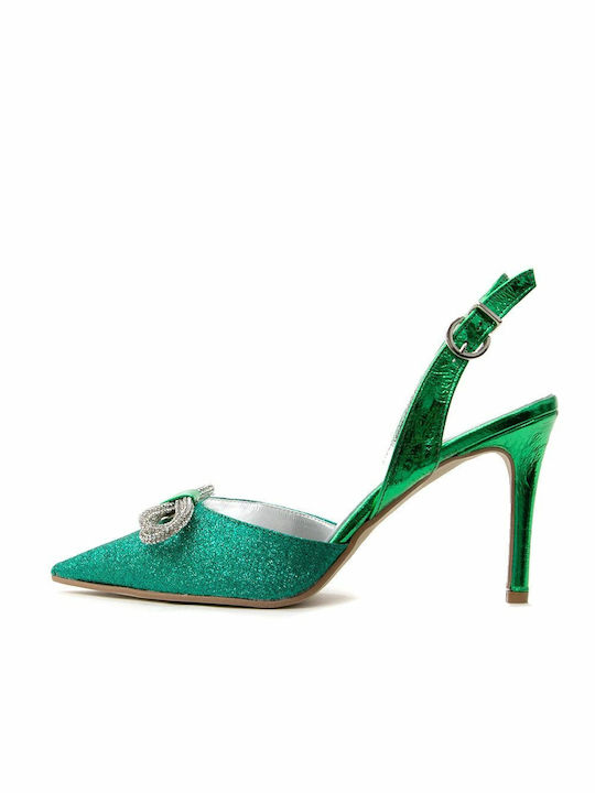 Divine Follie Leather Women's Sandals with Strass Green with Thin High Heel DVN-116-GL