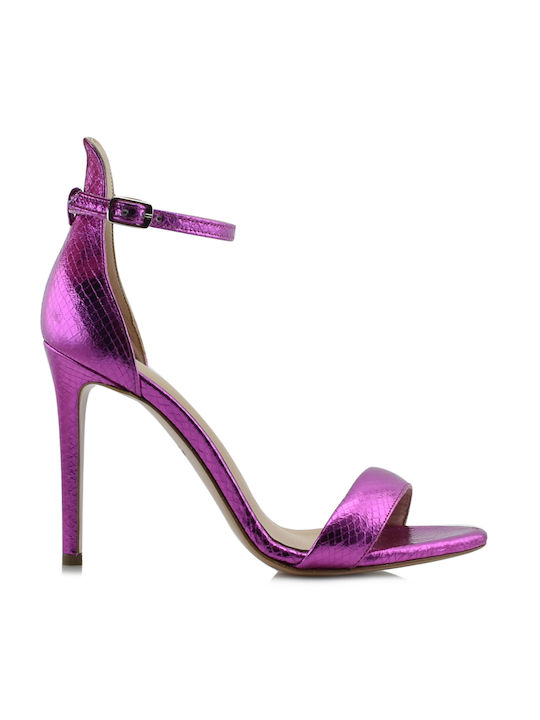 Aris Tsoubos Leather Women's Sandals Fuchsia with Thin High Heel 20280