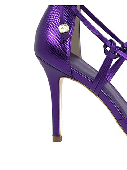 Gold&Rouge Leather Women's Sandals with Laces Purple