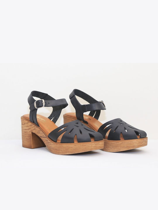 Wikers Anatomic Platform Leather Women's Sandals Black with Chunky Medium Heel