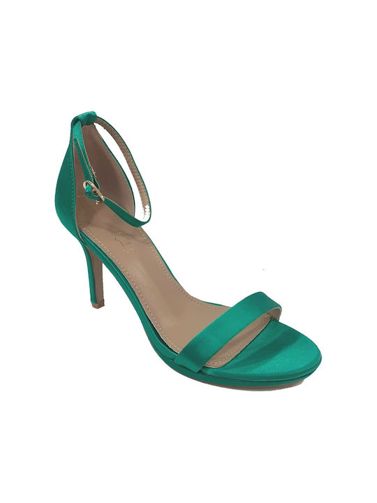 Super Mode Platform Fabric Women's Sandals with Ankle Strap Green with Chunky High Heel