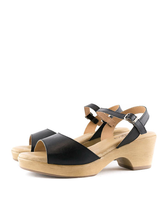 Juliet Dunn Platform Leather Women's Sandals Black with Chunky Medium Heel