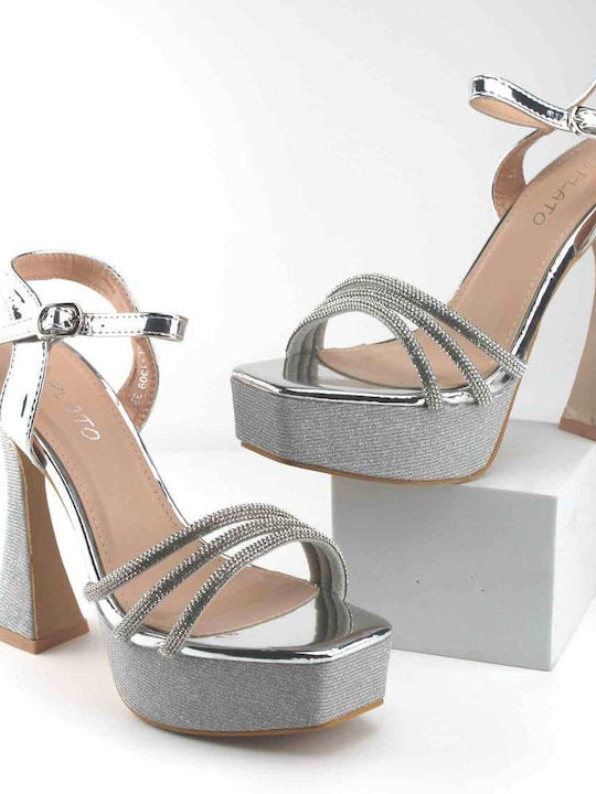 Diamantique Damen Sandalen aus Veloursleder mit Chunky hohem Absatz in Silber Farbe