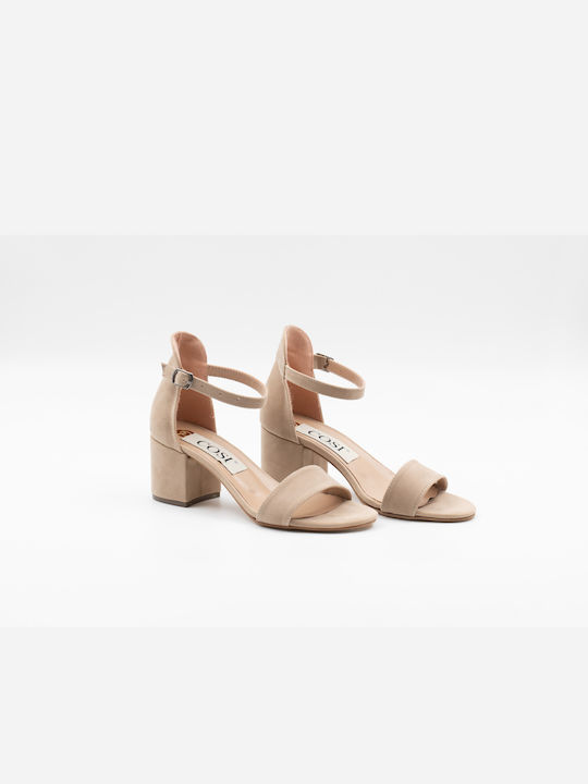 Cosi Shoes Suede Women's Sandals with Ankle Strap Beige with Chunky Medium Heel