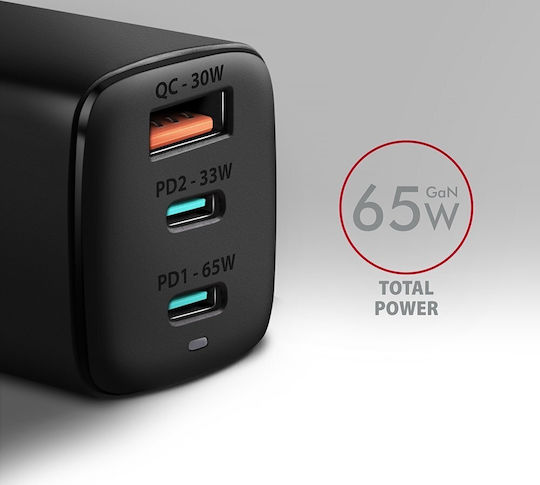 Axagon Charger Without Cable GaN with USB-A Port and 2 USB-C Ports 65W Power Delivery / Quick Charge 3.0 Blacks (ACU-DPQ65)