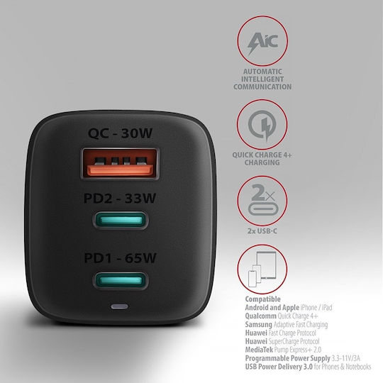 Axagon Φορτιστής Χωρίς Καλώδιο GaN με Θύρα USB-A και 2 Θύρες USB-C 65W Power Delivery / Quick Charge 3.0 Μαύρος (ACU-DPQ65)