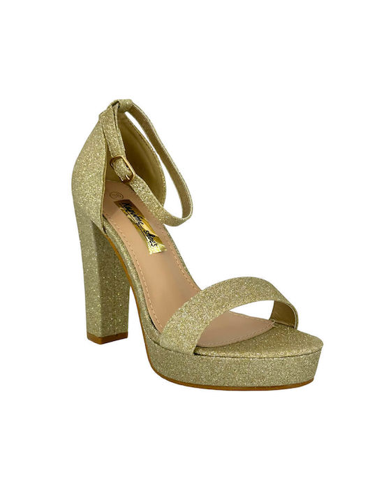 Karidis-Shoes Platform Women's Sandals with Ankle Strap Gold with Chunky High Heel