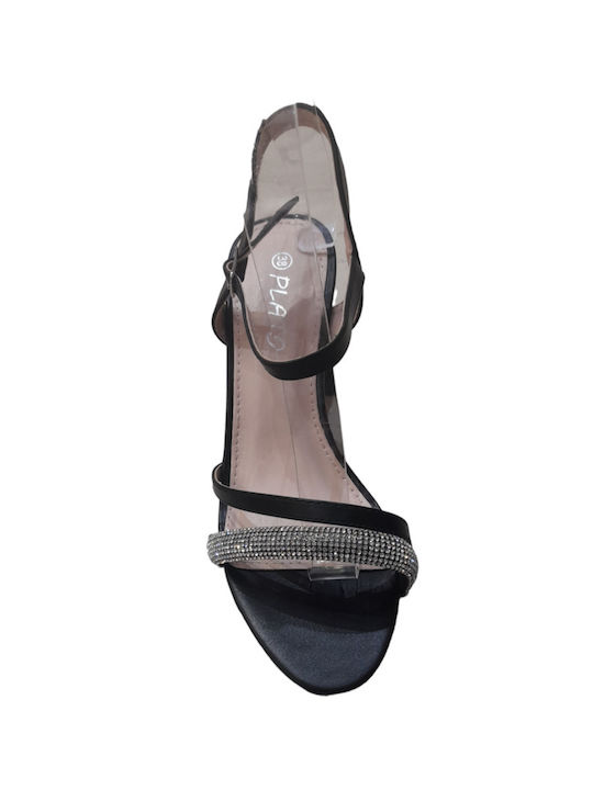 Plato Women's Sandals with Strass Black with Chunky High Heel