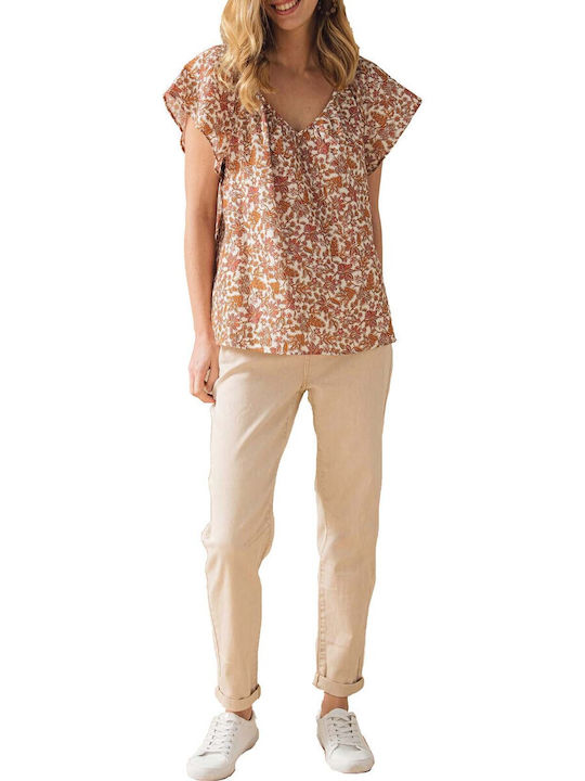 Women's Summer Blouse Short Sleeve with V Neckline Floral Orange