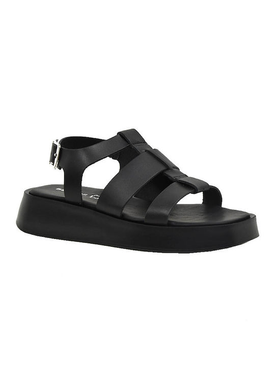 Piedini Leather Women's Flat Sandals in Black Color