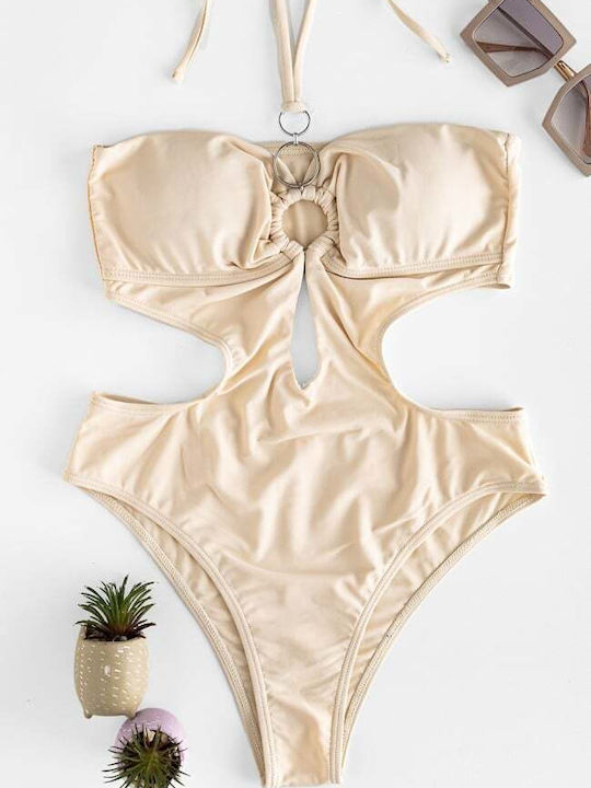 Swimsuit with Openings and Removable Padding Beige