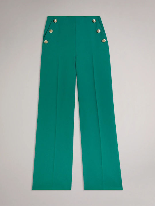 Women's High-waisted Fabric Trousers in Wide Line Green