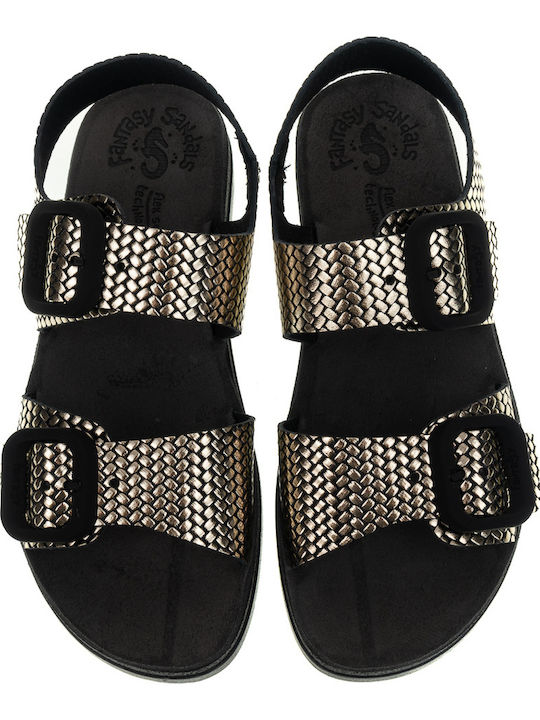 Leather Women's Flat Sandals with Strap in Gold Color