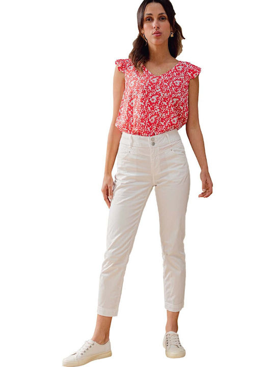Damen Hoch tailliert Stoff Capri Hose Weiß
