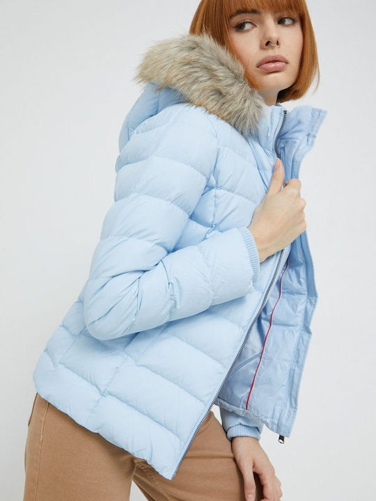 Tommy Hilfiger Κοντό Γυναικείο Puffer Μπουφάν με Γούνινη Κουκούλα για Χειμώνα Γαλάζιο