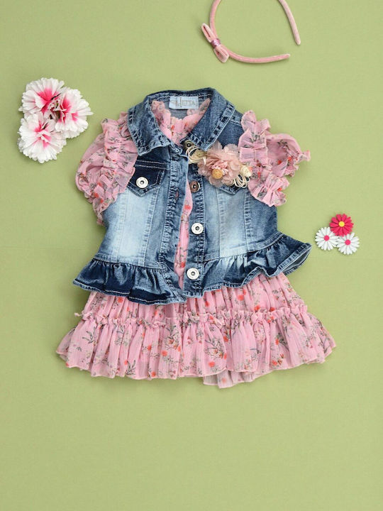 Potre Mädchen Kleid Set mit Mantel Denim Blumen Ärmellos Rosa