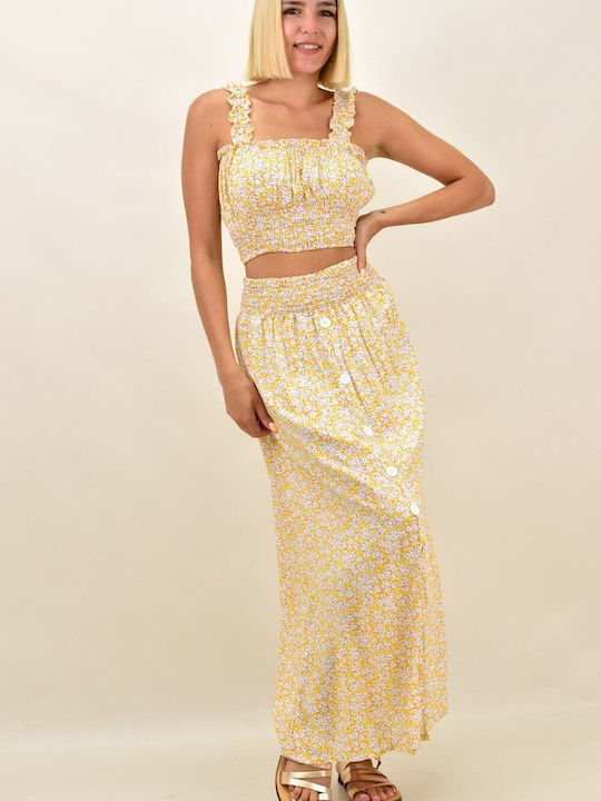 Potre Set with High Waist Midi Skirt Floral in Yellow color