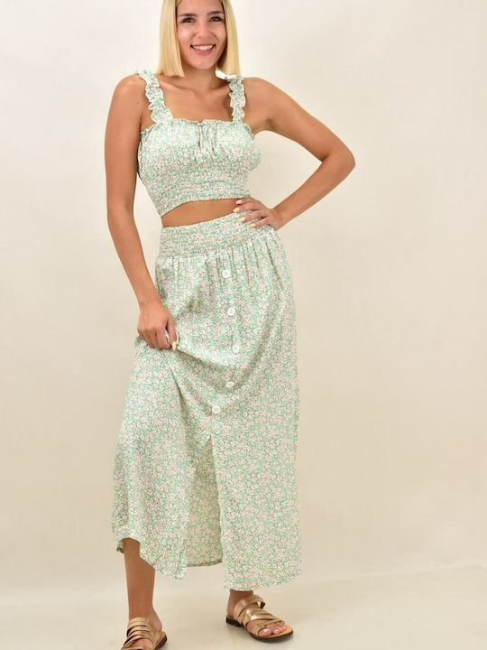 Potre Set with High Waist Midi Skirt Floral in Green color