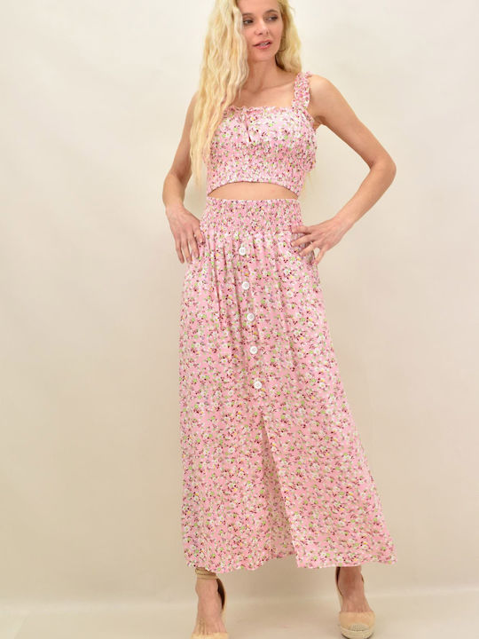 Σετ με Ψηλόμεση Midi Φούστα Floral Ροζ