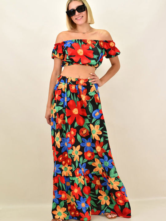 Σετ με Maxi Φούστα Floral Μαύρο