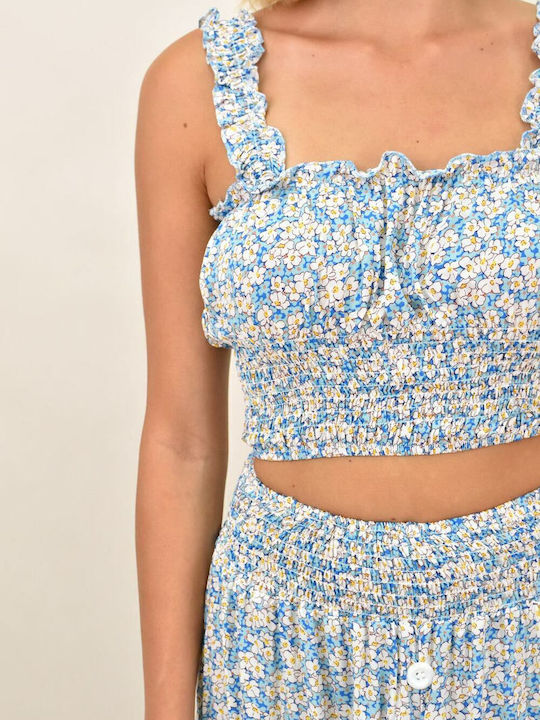 Set cu Cu talie înaltă Midi Fustă Floral Albastru