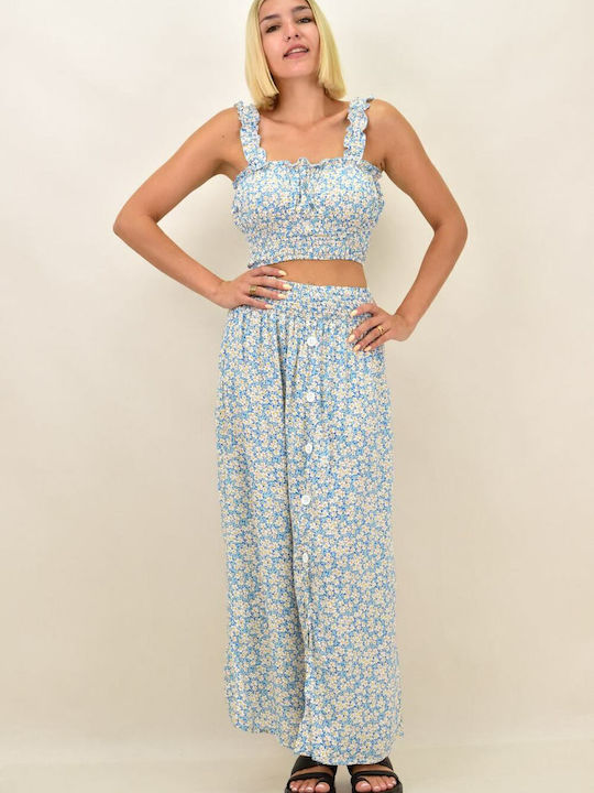 Set cu Cu talie înaltă Midi Fustă Floral Albastru