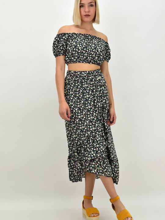 Σετ με Ψηλόμεση Maxi Φούστα Floral Navy Μπλε